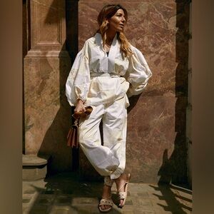 TORY BURCH PATCHWORK PANT CINCHED ANKLE PULL UP IVORY/PALE YELLOW SZ US 8